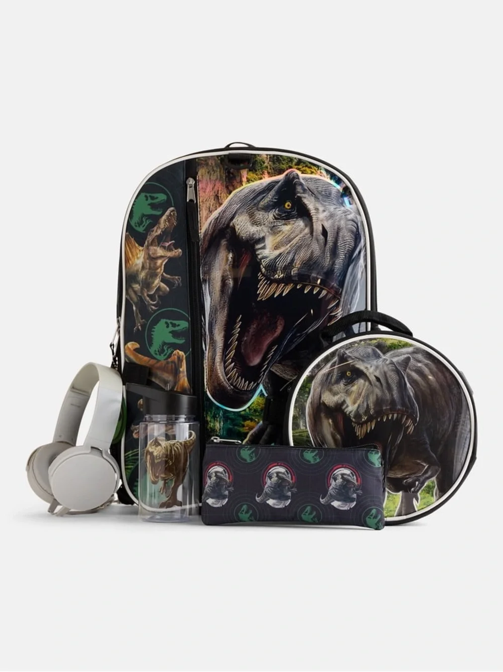 Jurassic Park T-Rex Kids Backpack Set - Black & Green Dino Print WH5
